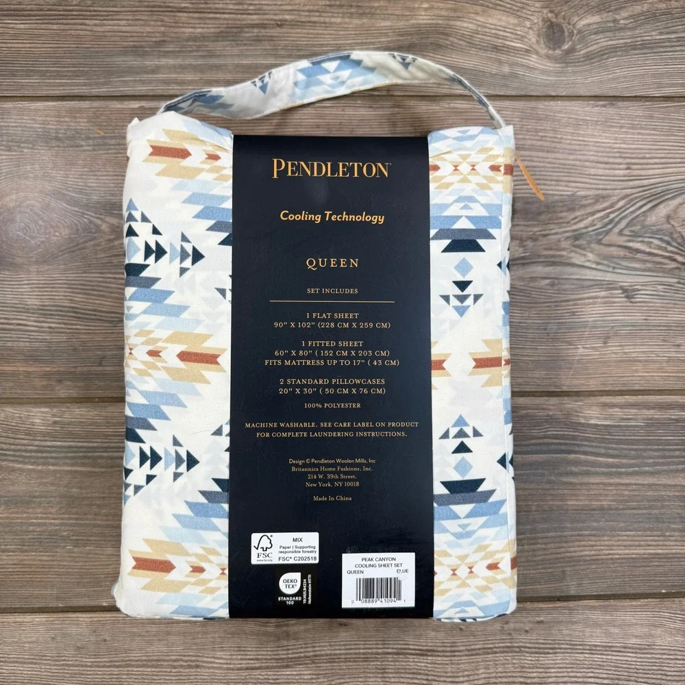 Pendleton Queen Peak Canyon Cooling Sheet Set Blue Geometric Southwestern NEW